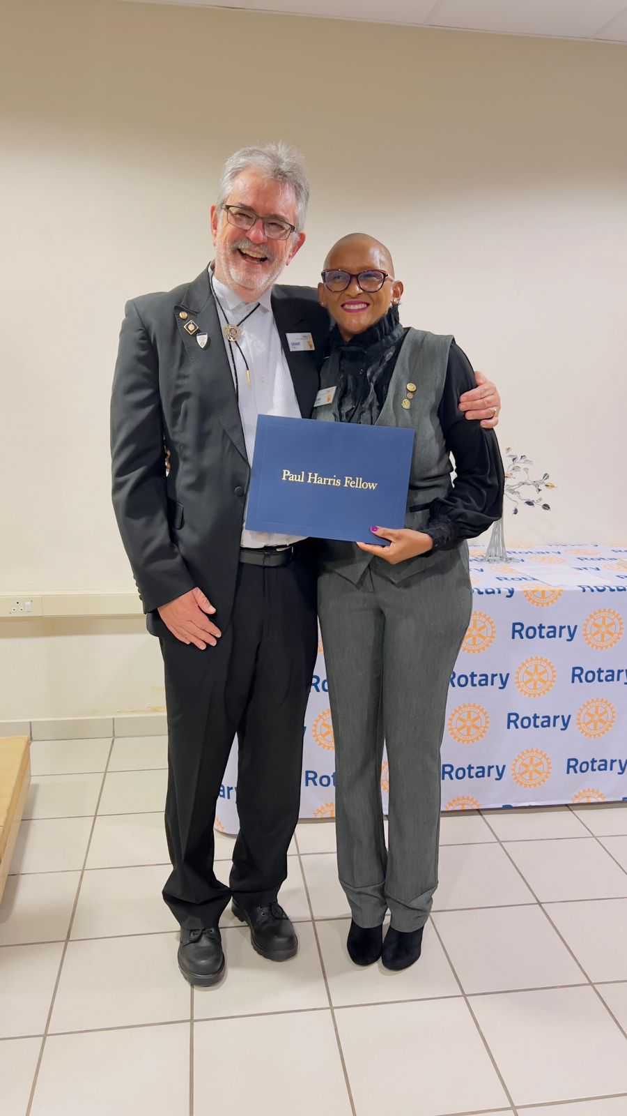 "A big thank you to my mentor and sponsor in my philanthropy journey/calling, Past President(Rotary E-club of Baobab) and Past District Govenor(Rotary District 9400) Grant Daly." - Moithumi Mashiane